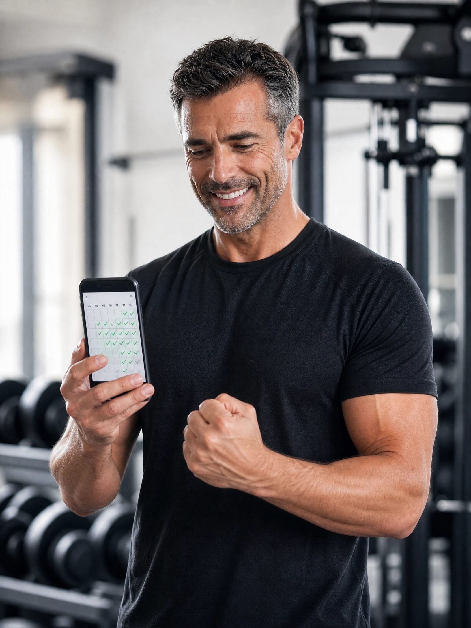 Coach sportif souriant en salle, téléphone en main affichant son planning de séances